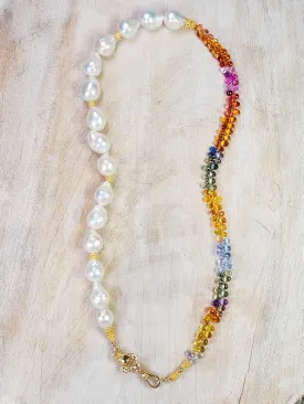 18k Yellow Gold Multicolor Fancy Sapphire Freshwater Baroque Pearl Gemstone Halfsie Necklace 19"