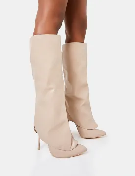 All Yours Nude Pu Fold Over Pointed Toe Stiletto Knee High Boots