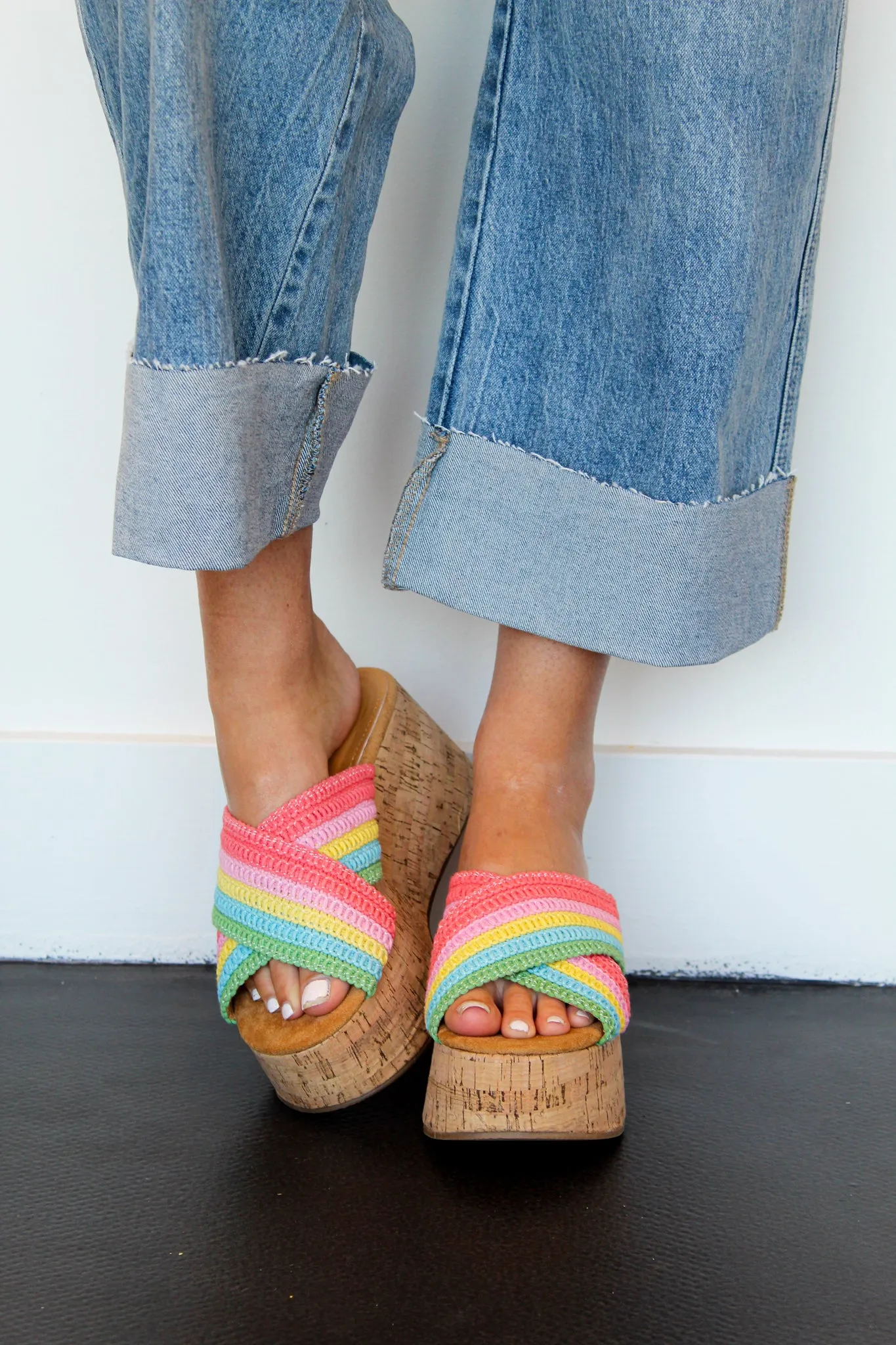 Crossover Cork Heel Sandals- Multi