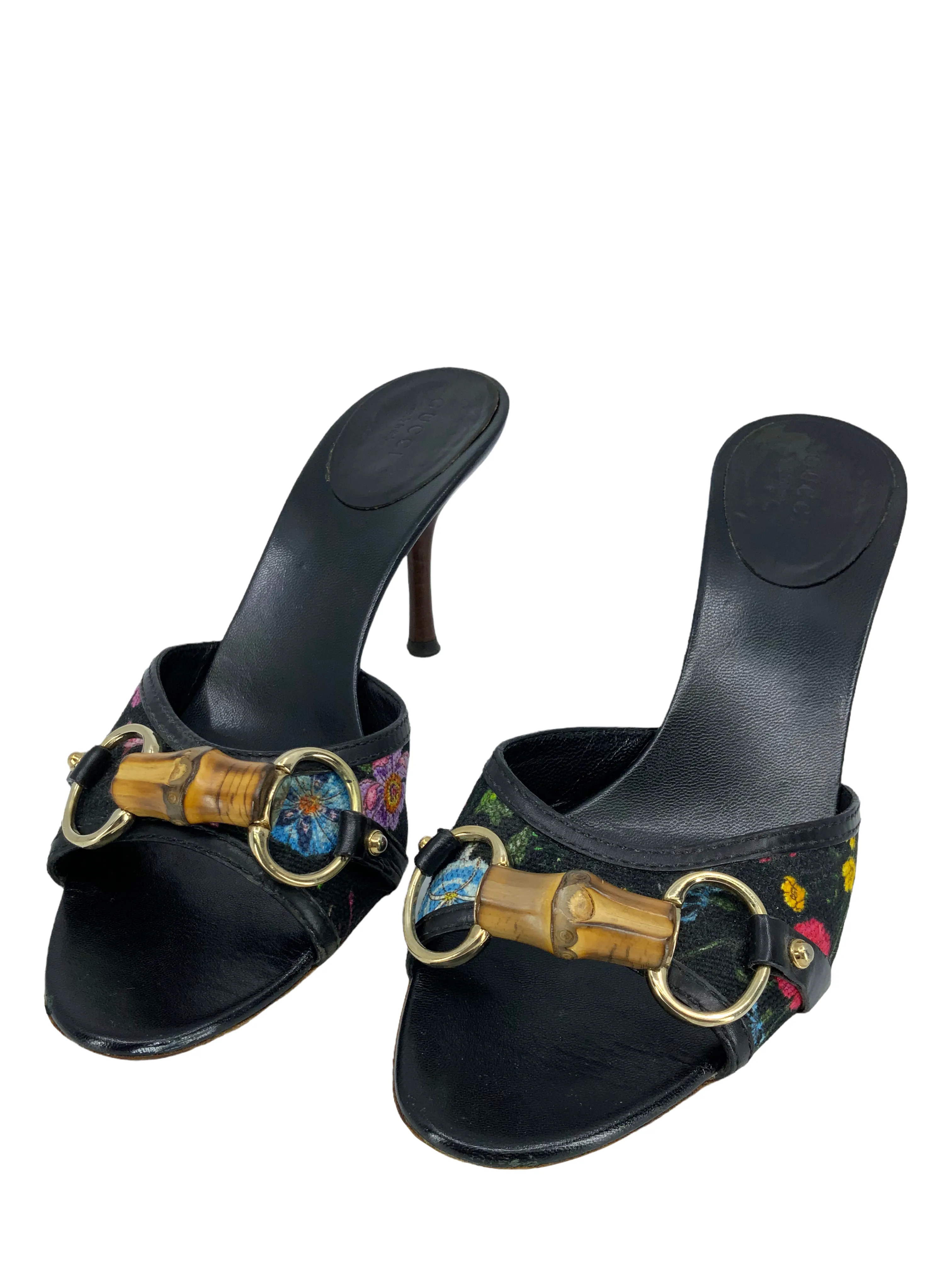 Gucci Canvas Floral Bamboo Horsebit Sandals Size 7