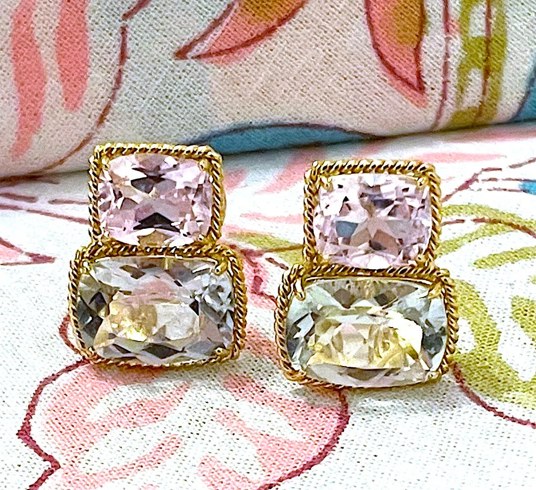 Morganite Iolite Gold Three Stone Cushion Ring