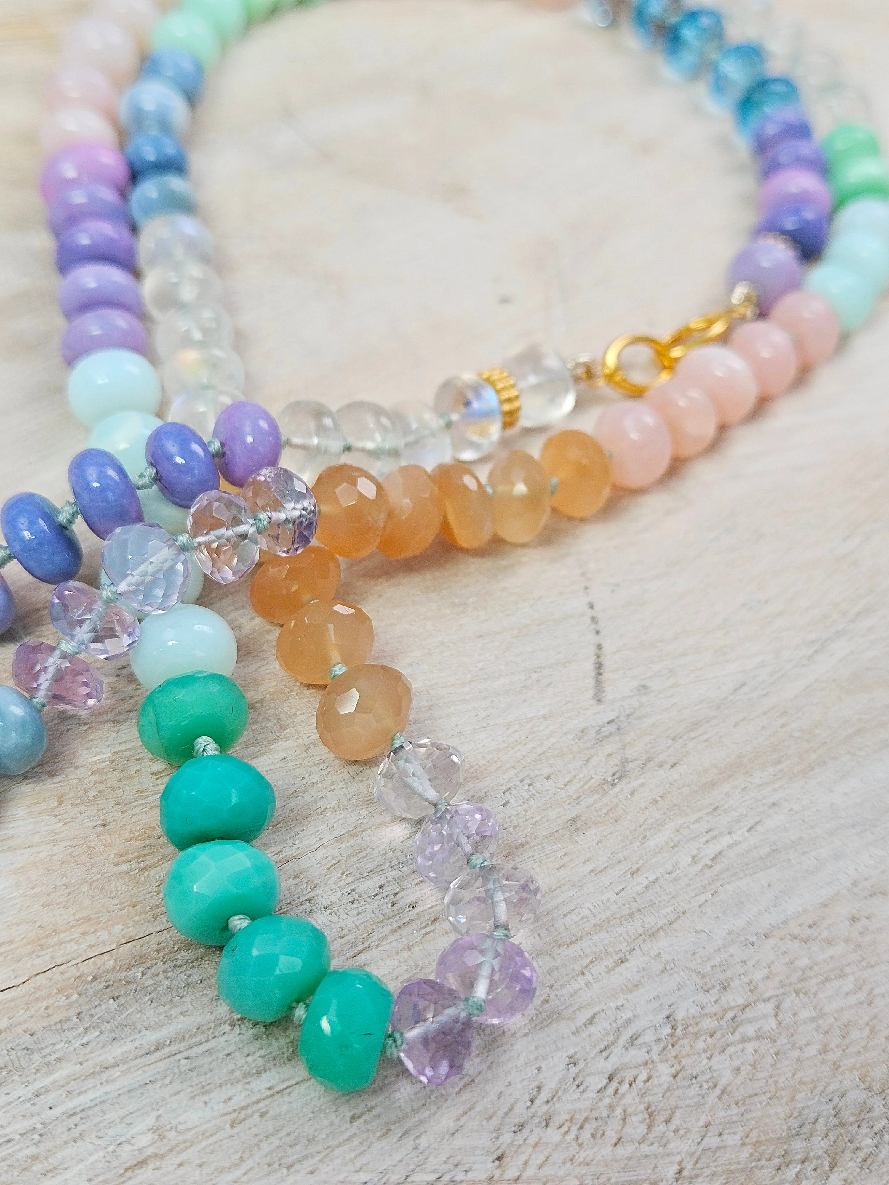 Multicolor Rainbow Gemstone Opal Chalcedony Amethyst Moonstone 18K Yellow Gold Long Necklace 30"