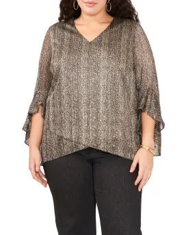 Plus-Size Metallic Stripe Flutter Sleeve Blouse