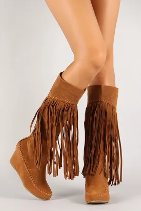 Suede Fringe Knee High Wedge Boot