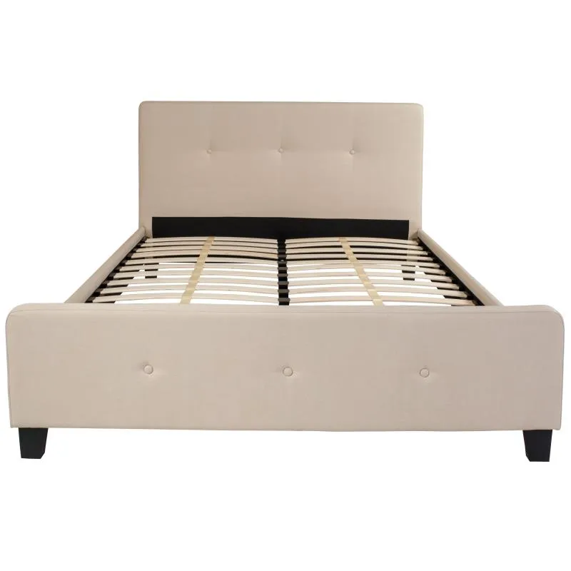 Trendy Nights Queen Size Affordable Platform Hotel Bed Frame ANSI BIFMA Certified Beige Button Back Fabric