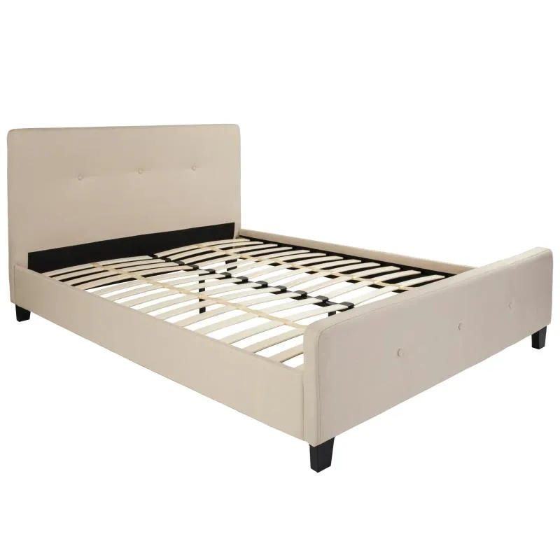 Trendy Nights Queen Size Affordable Platform Hotel Bed Frame ANSI BIFMA Certified Beige Button Back Fabric