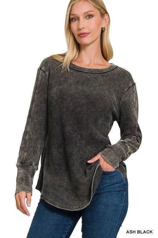 Zenana Round Neck Waffle Knit Top